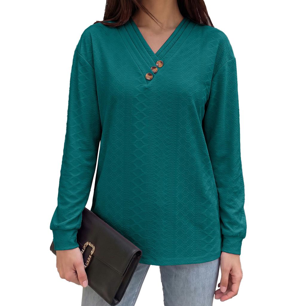 Solid Color V Neck Button Decor Loose Long Sleeve Casual T Shirt Top