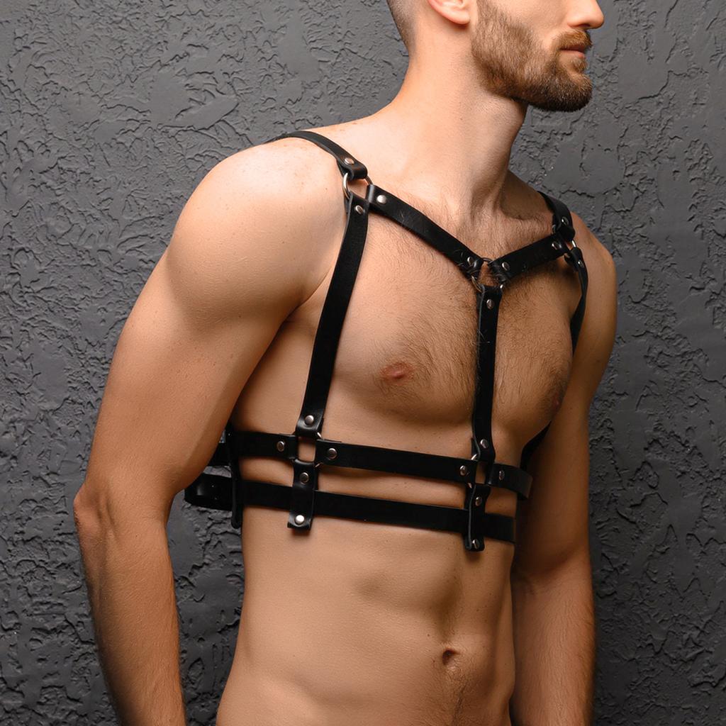 Bold Black Leather Body Harness for Men - Adjustable Straps, Punk Rave Fashion, Clubwear, Erotic Lingerie, Cosplay Costume