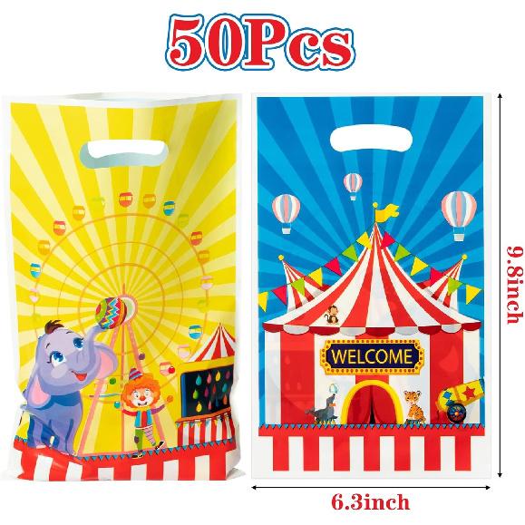 AwserTantue Carnival Gift Wrap Bags - 50Pcs Circus Mardi Gras Elephant Ferris Wheel Plastic Goodie Candy Treat Bag Gift Wrapping Pack Decoration Kids