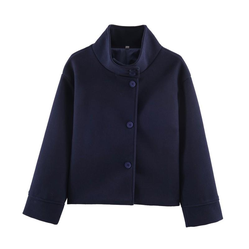 Womens Short Wool Blend Coat With Button Detail Stand Collar Street Style Winter Outerwear