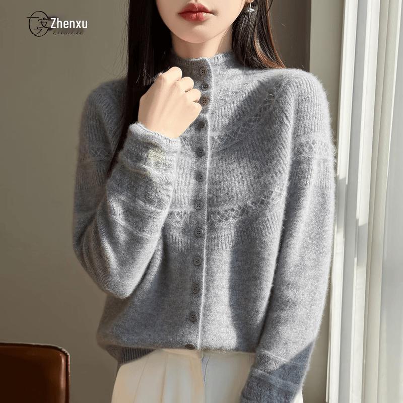 Women's 100% Wool Semi-High Neck Hollow-Out Sweater