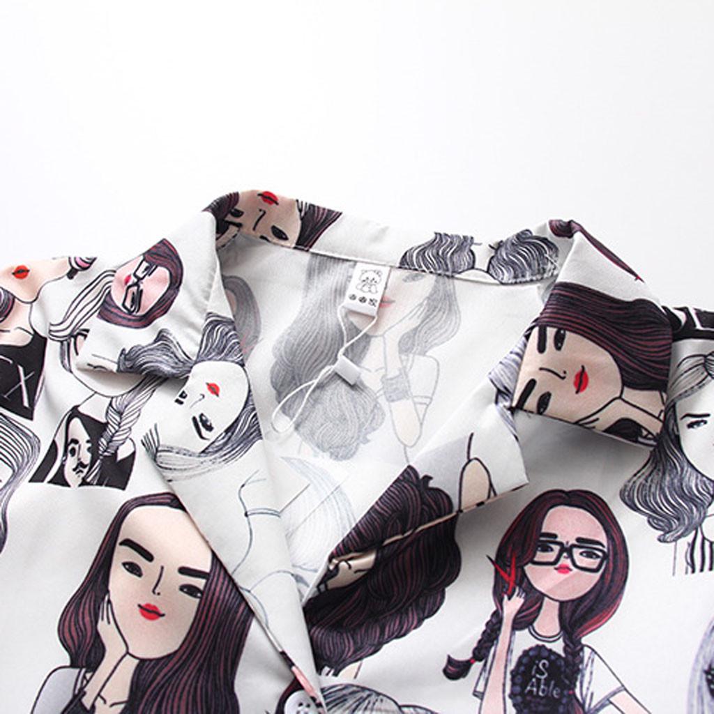 Women Fashion Short Sleeve Vintage Print Korean Shirt Casual Loose Blouse