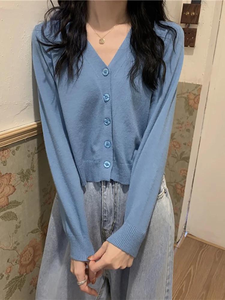 Sweater Knitted Cardigan Button Jacket Korea Autumn Winter V-neck Long Sleeve Casual Short Tops For Women Sweater Grey White