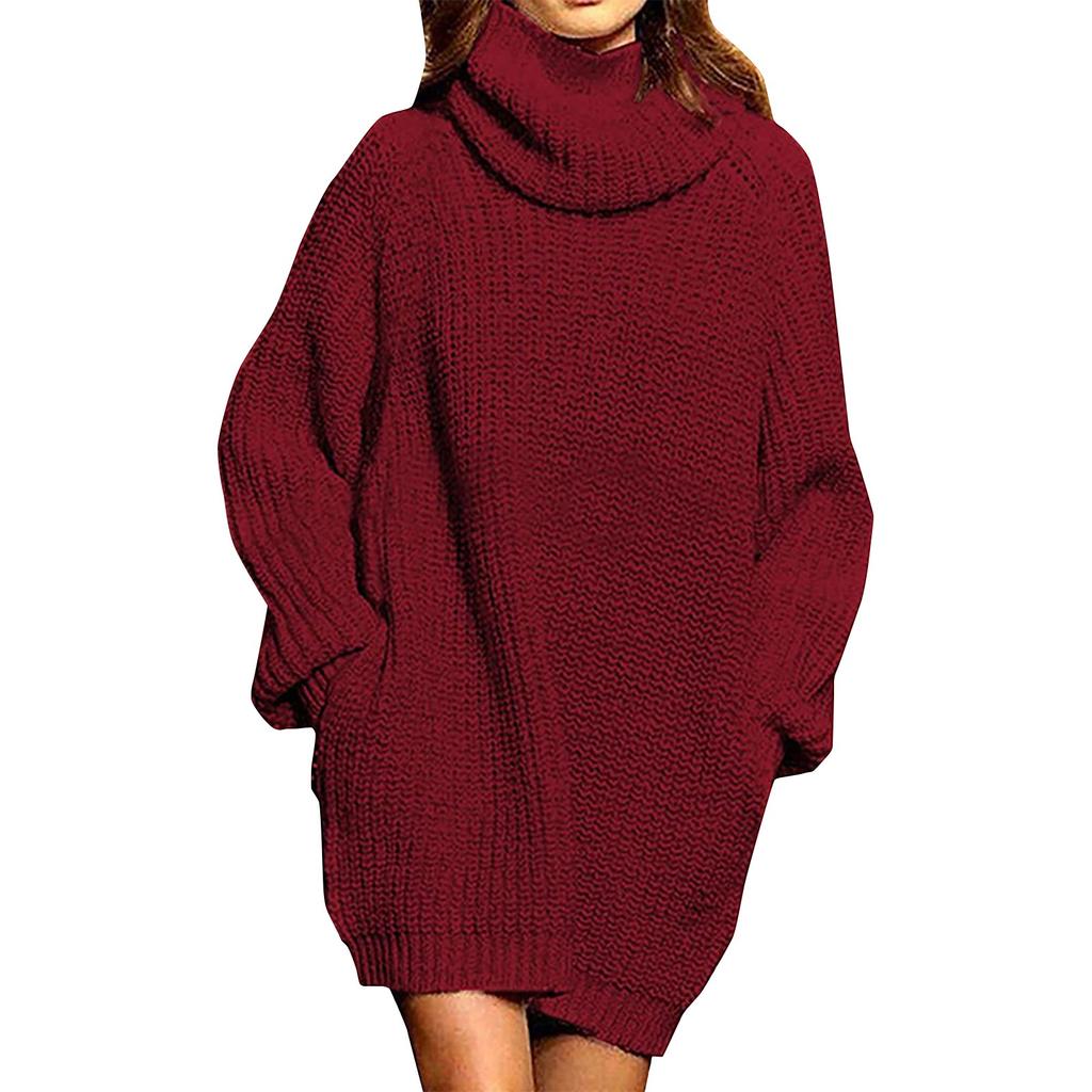 Lockerer, hochgeschlossener, mittellanger, langärmliger Strickpullover in Volltonfarbe für den Freizeitgebrauch für Damen