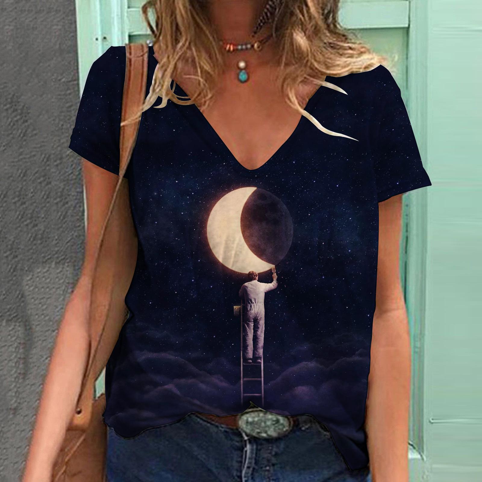 Летняя модная футболка женская контрастная строчка лунный свет цифровой 3D принт топы — фото 16