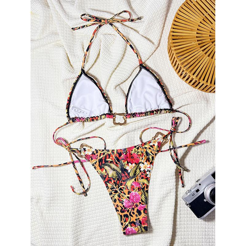Leopard Floral Mini Thong Bikini Women Swimwear Female Swimsuit Two-pieces Bikini Set Bather Bathing Suit Swim