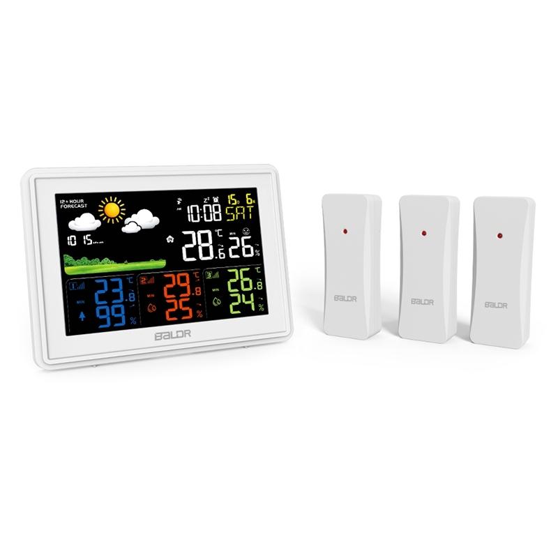 

BALDR Wireless Color Weather Station Digital LCD Hygrometer Thermometer Barometer DCF Alarm Clock Calendar 3 Forecast Sensor Black EU Plug
