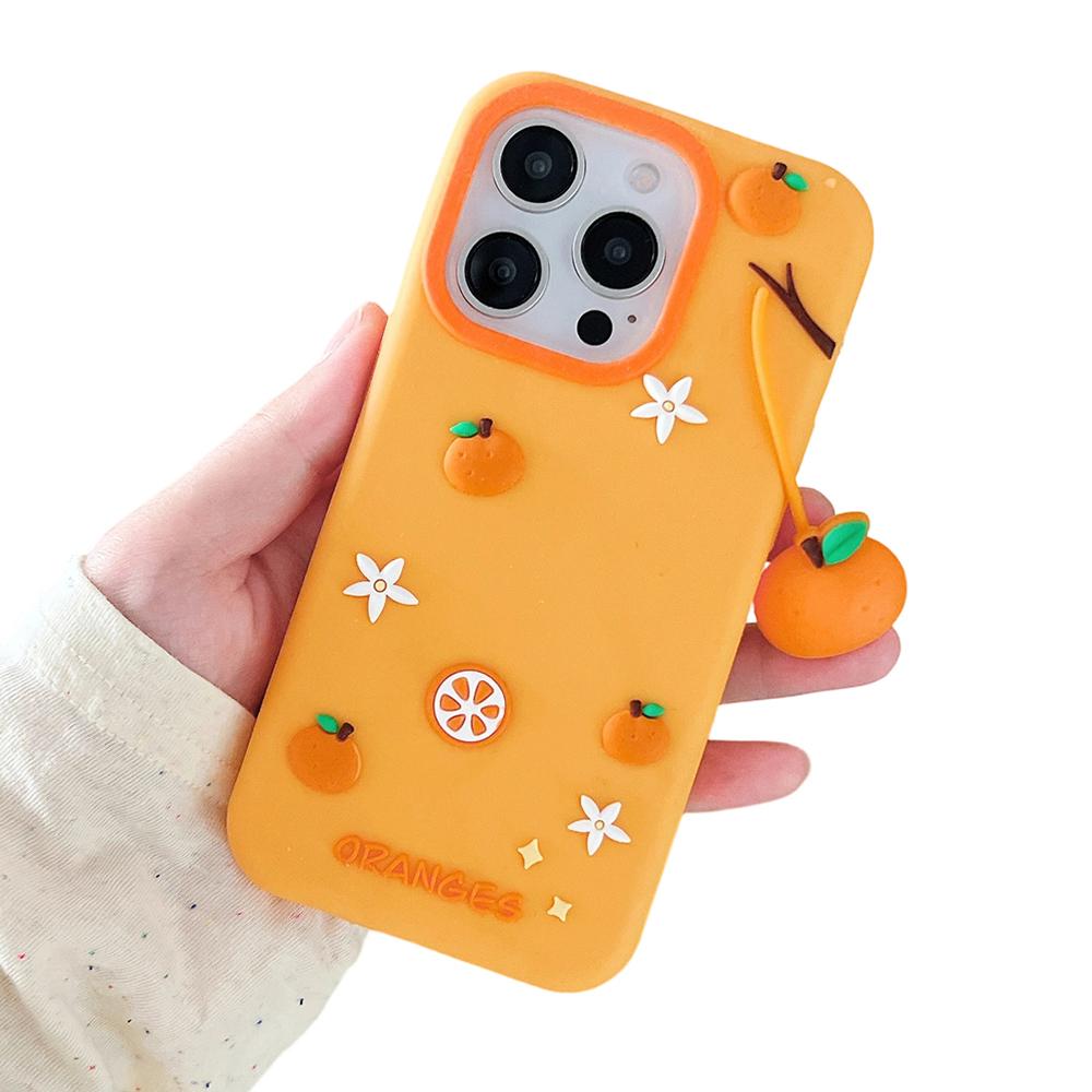 For iPhone 16 Pro Silicone Case Cute Orange Shape Pendant Shockproof Phone Back Cover