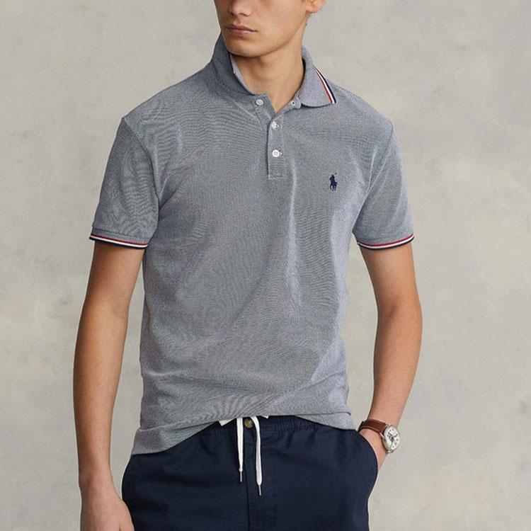 Polo Ralph Lauren SS22 Gestreiftes Detail Logo Bestickt Slim Fit Kurzarm Poloshirt Herren Oberteile Grau MNPOKNI1N821833-410
