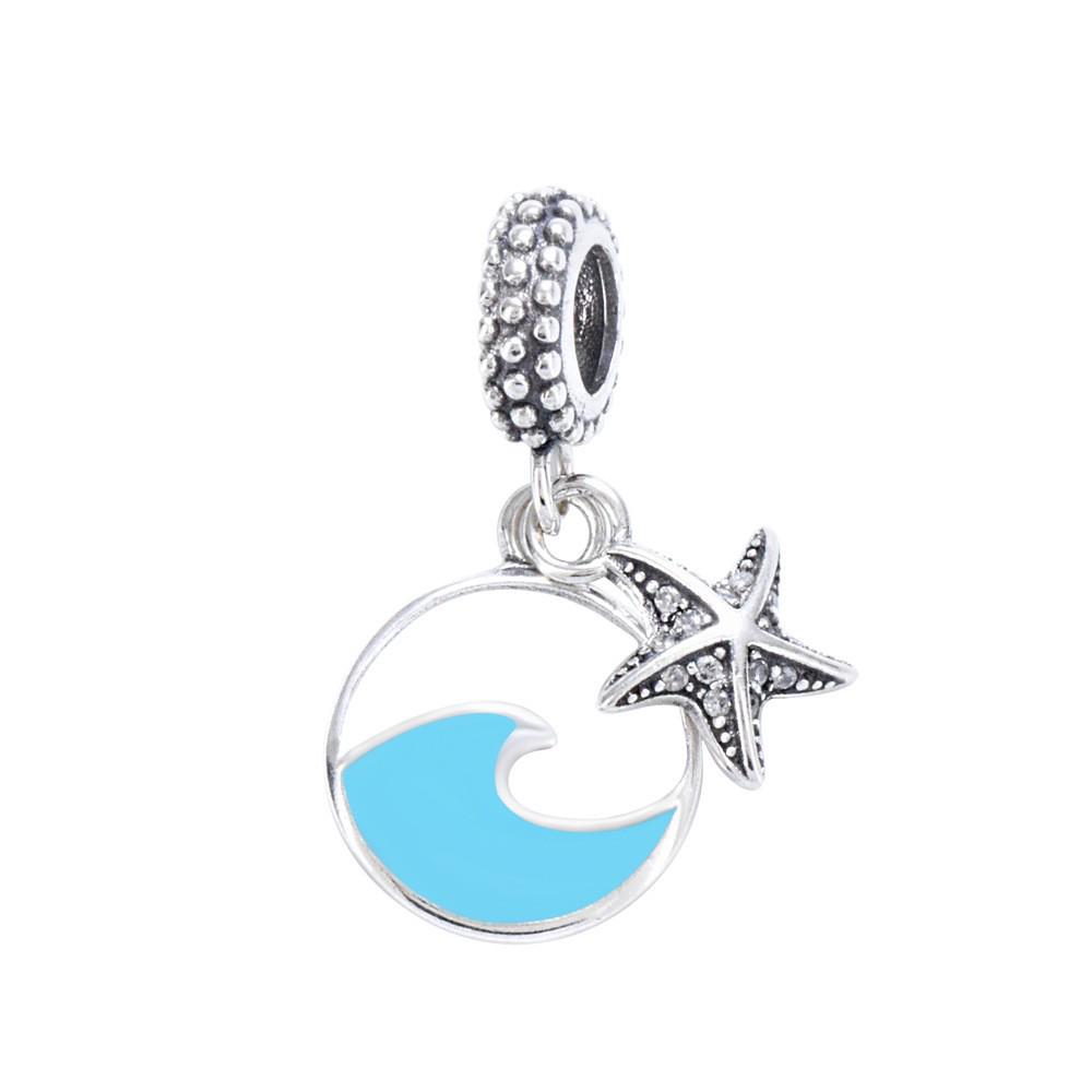 S925 Sterling Silver Starfish, Dolphin, and Turtle Charm Bracelet with Beaded Accessories