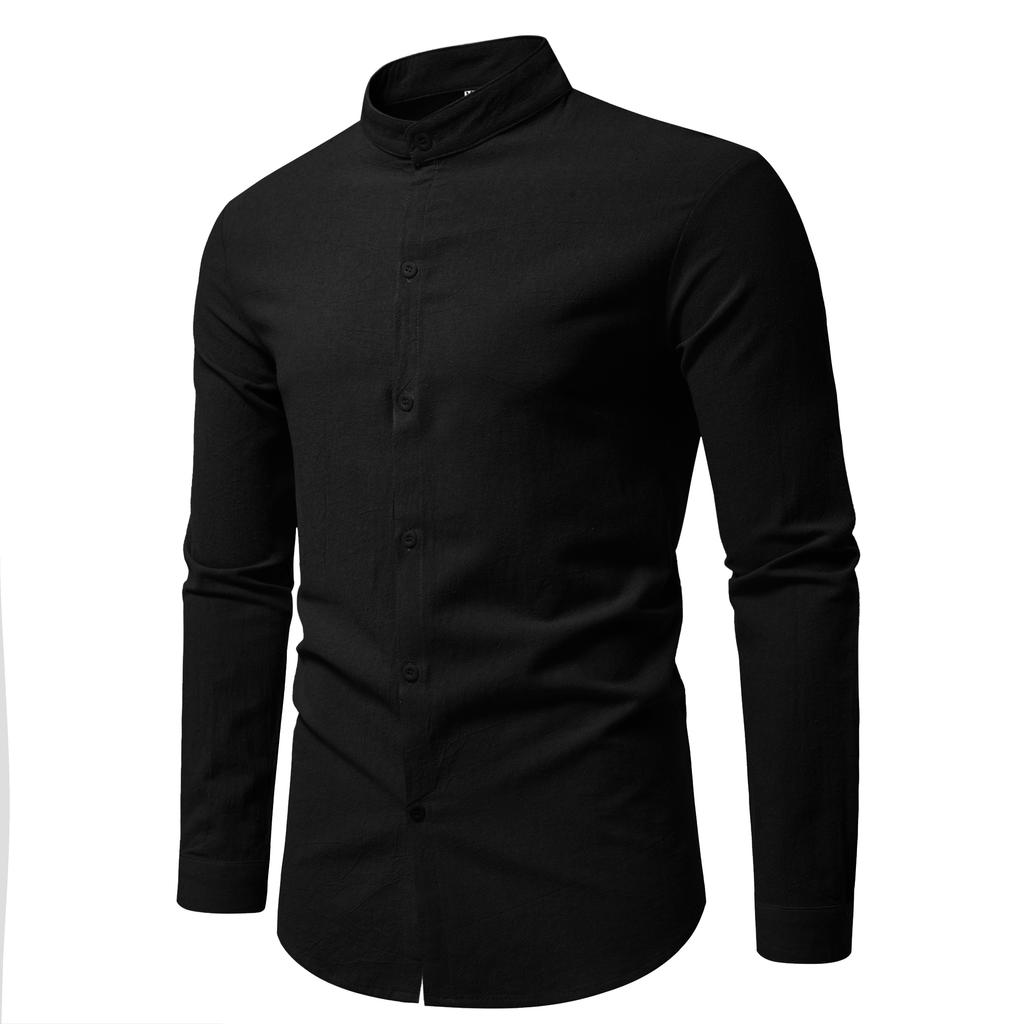 Spring Men's Long Sleeve Stand Collar Solid Color Casual Shirt Men's Pure Cotton Fashion Cardigan