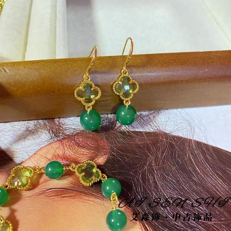 Vintage-Inspired Clover Green Agate Pull-Chain Bracelet Set With Earrings Necklace Women