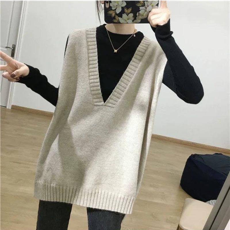 Women's Autumn Spring Vest Knitted Sleeveless V-neck Sweater Casual Loose Solid Color Sweater Vests
