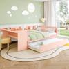 Flat Bed, Wooden Bed, 140x200cm, with Desk, with Trundle Bed, Double Bed (Without Mattress), with Shelves, Pine+Particle Board, Pink