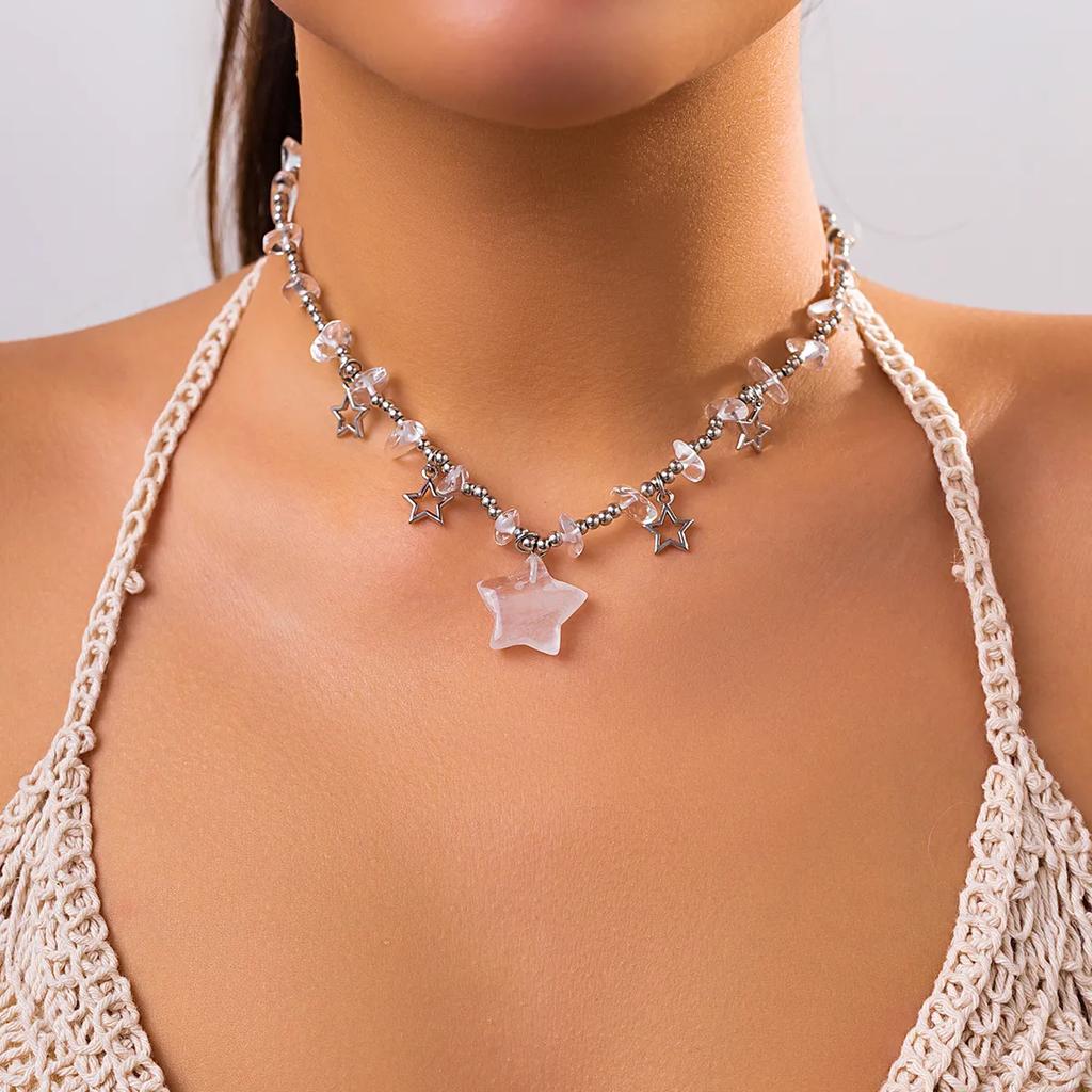 Boho Kpop Colorful Irregular Natural Stone Hollow Star Pendant Choker Necklace Women Goth Beads Chain Y2K Jewelry Accessorie New