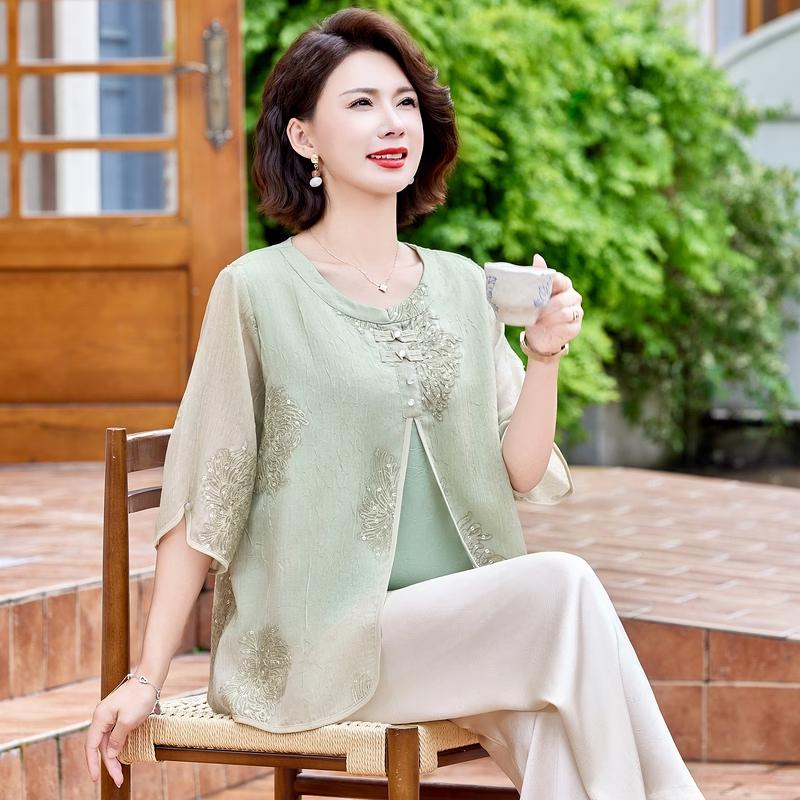 Elegant Chinese Style Faux Two-Piece Chiffon Blouse 3XL