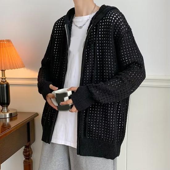 Men Sweater Long Sleeve Zipper Closure Solid Color Hollow-out Design Super Soft Decorative Polyester Men Hooded Sweater Coat Autumn