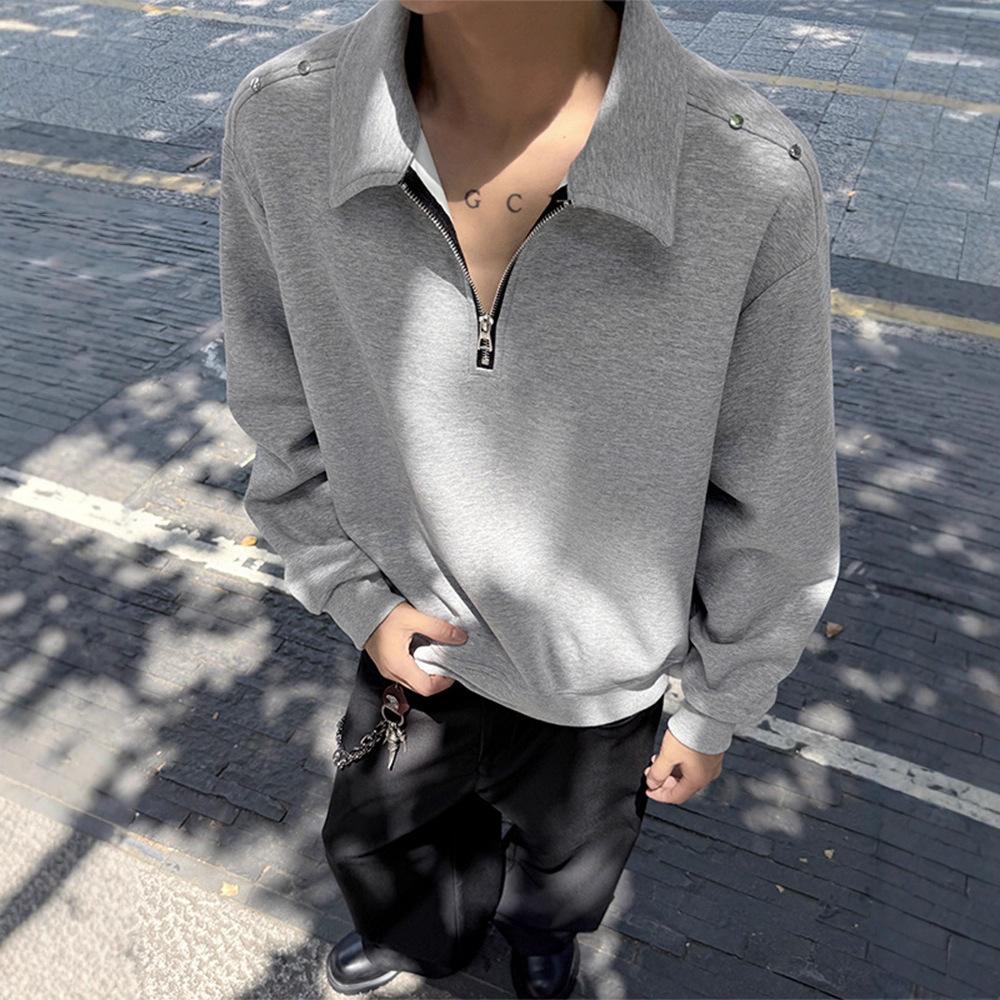 Heavy Semi-zipper Sweater for Men's Design Sense Metal Rivet Decoration Lapel Coat Top