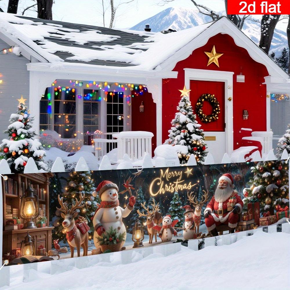 Santa Claus & Snowman Themed Christmas Banner, Outdoor Polyester Fence Garden Holiday Decor