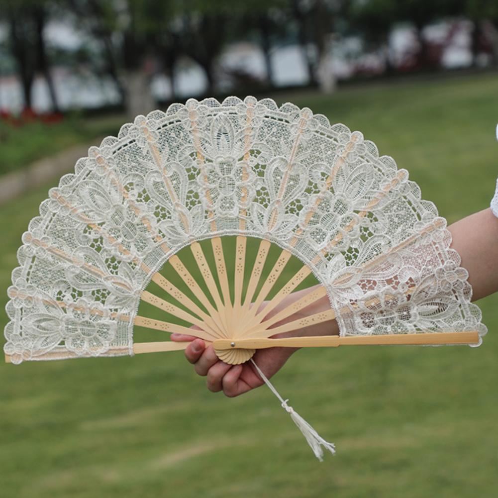 Elegant Lace Trim Fan Vintage Fabric Folding Fan Elegant Vintage Style Lace Trim Folding Fan with Tassel for Wedding for Stage