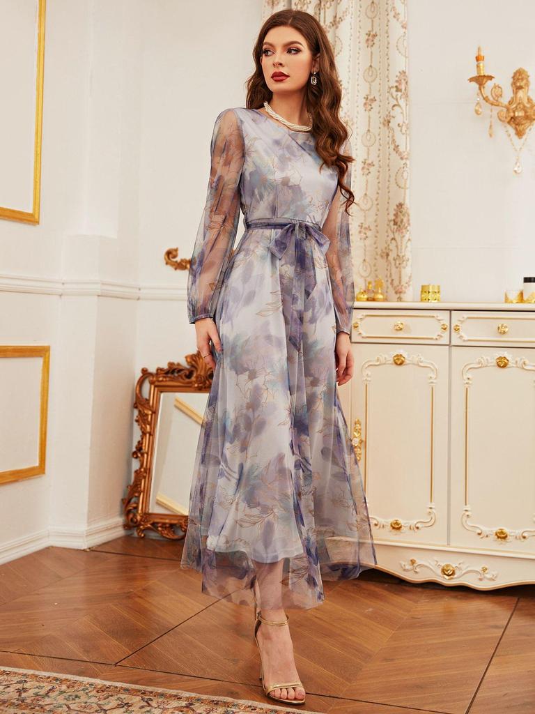 2025 French Elegant Women's Mesh Print Waist-Cinching Dress