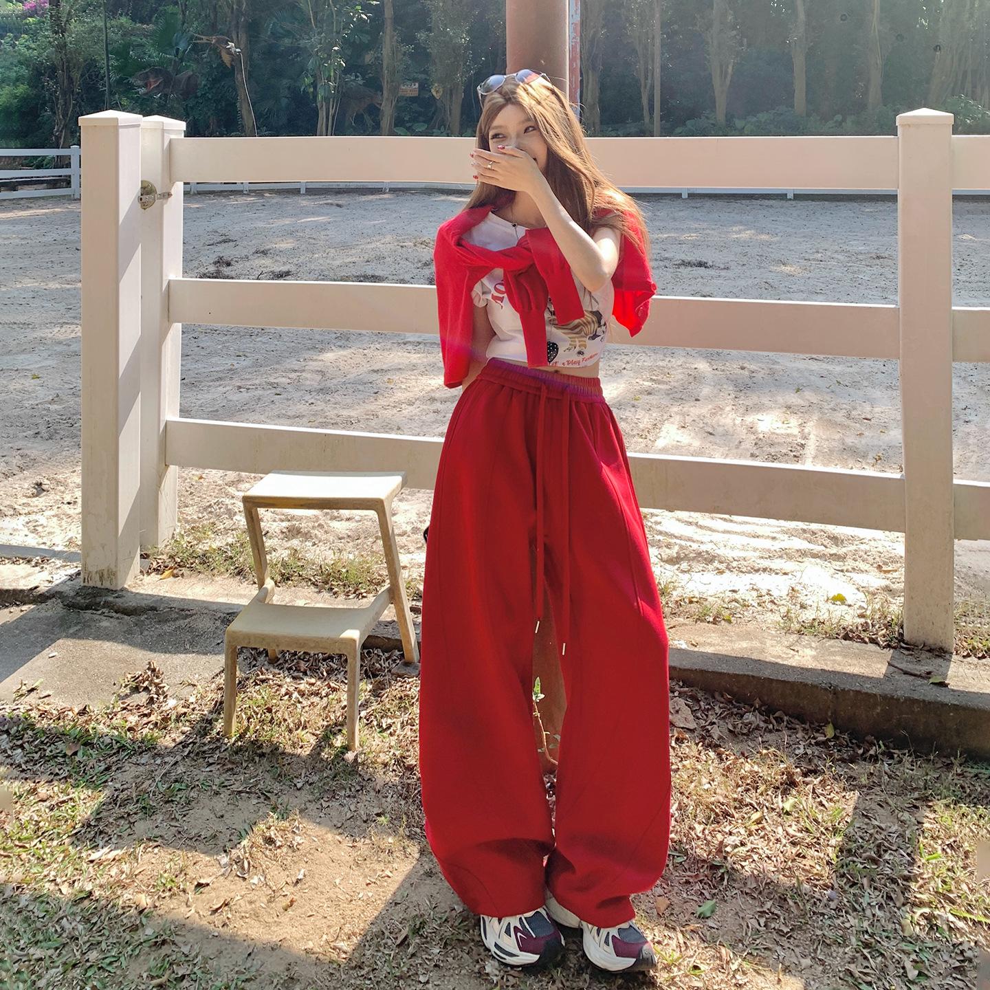 

2026 Spring American Style High Waist Red Wide-Leg Drawstring Pants - Women s Casual Sportswear. Large