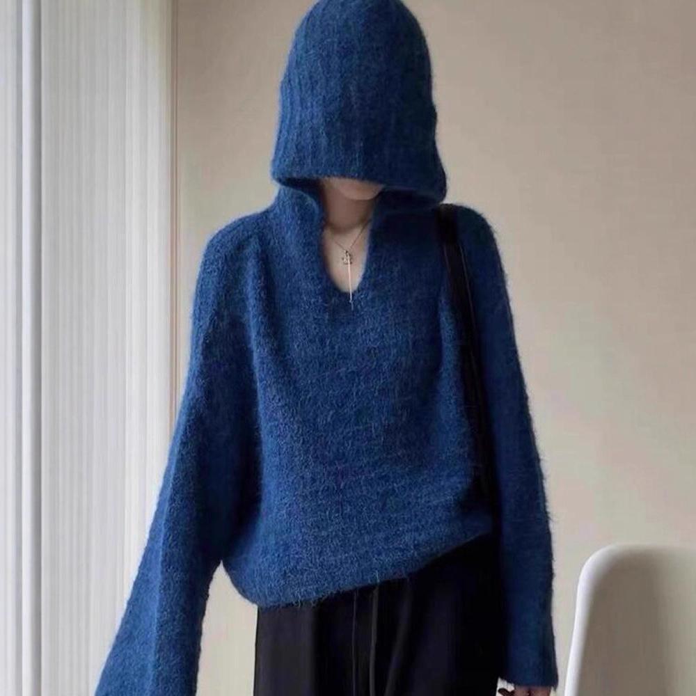 Lässiger Stil Kapuzenstrickpullover Herbst Winter Einfach Lässig Locker Überzieher Reine Farbe Vielseitige Oberteile