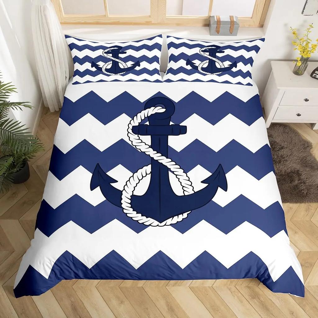 Nautical Anchor Pattern Duvet Cover Set King,Geometric Stripes Ocean Adventure Theme Quilt Navy Blue and Red Bedding Set 3pcs