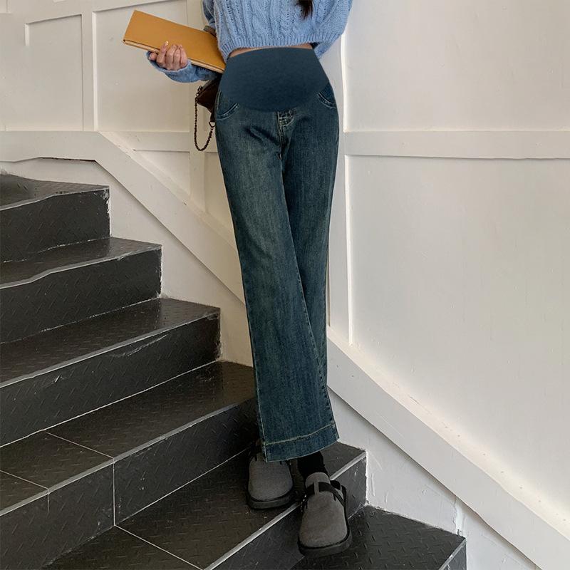#Pregnant Women's Elastic Flared Pants, Belly Support Nine-point Micro-pull Pants, Retro Blue Spring and Autumn Jeans Wide-leg Pants