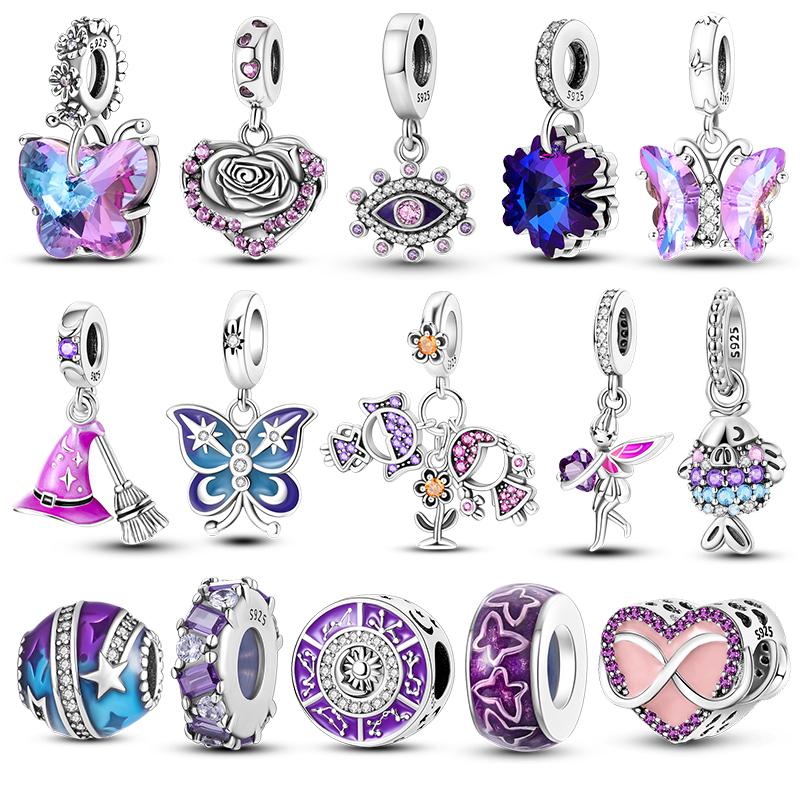 Copper Purple Series Butterfly Heart Pendant Diy Charm Beads Fit Original Bracelet Woman Jewelry Birthday Gift