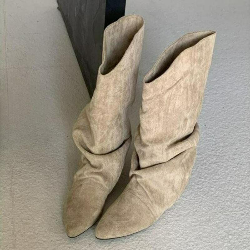 Women's Boots Pointed Toe Mid Calf Boots New Designer Winter Suede Flats Slip On Women Chelsea Boots Pleated Western Cowboy Boot