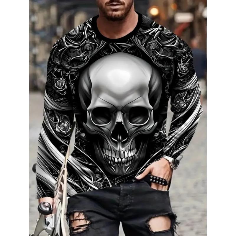 Round Neck 3D Skull Printed Top Casual Long Sleeved Men's T-shirts - Soft Medium Stretch Polyester Fabric Spring and Autumn Relaxed Fit Clothing