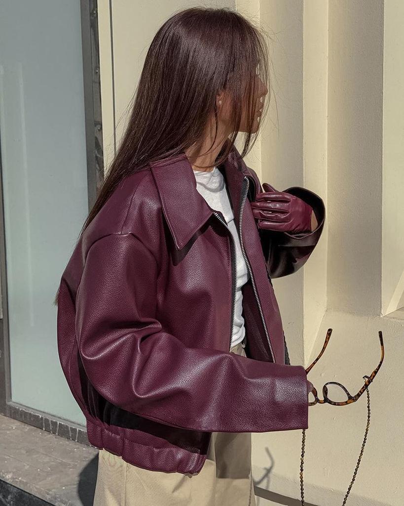 Women's Burgundy Retro Motorcycle Leather Jacket - 2024 Autumn European & American Matte Style
