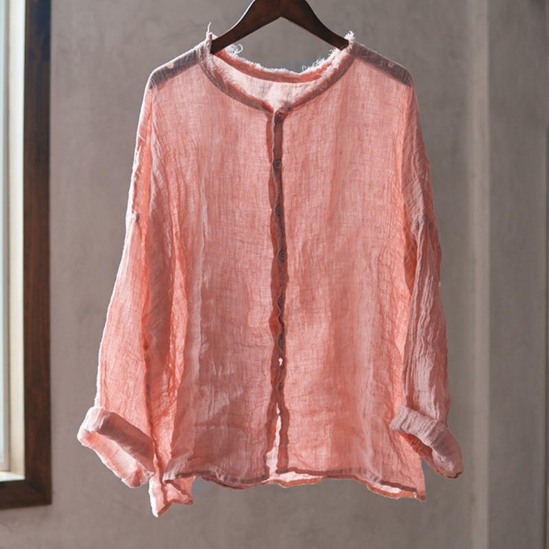 Johnature Vintage Women Shirts O-Neck Long Sleeve Button Blouses Autumn Loose Solid Color Casual Female Shirts