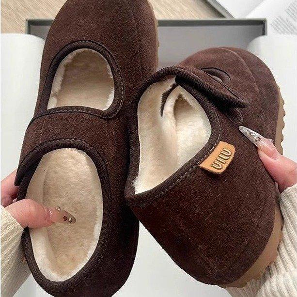 [Armano] Heel height 4cm Mary Jane shoes fluffy shoes suede Velcro velvet warm casual cotton shoes winter