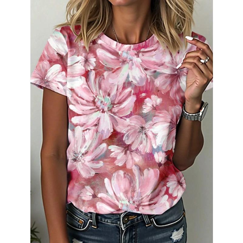 3D Colorful Floral Pattern Women's T-shirts Summer Casual Round Neck Top Short Sleeve Loose Casual Daily T-shirts