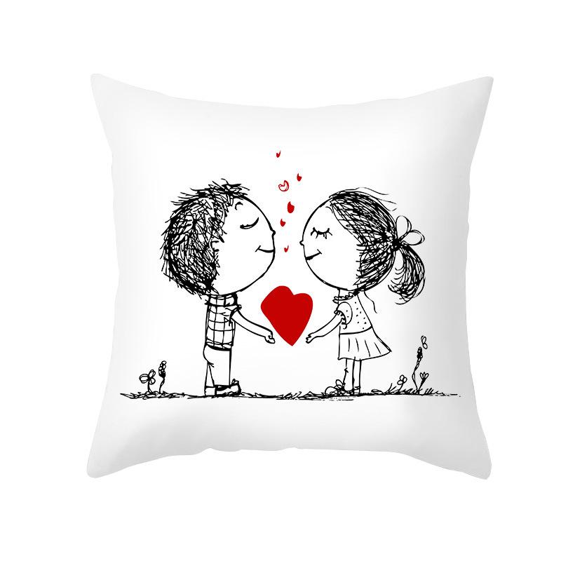 Home Valentine's Day Pillow Case Peach Skin Print Couple Love Heart Sketch Pillow Cushion