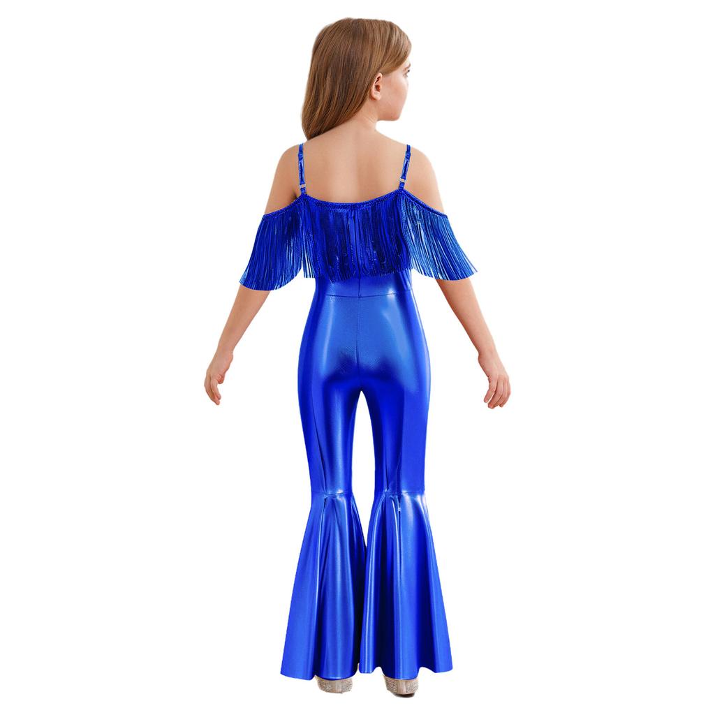 Girls Fashion Spaghetti Strap Sleeveless Sparkly Sequins Tassels Shiny High Waist Flared Jumpsuit Pageant Outfit
