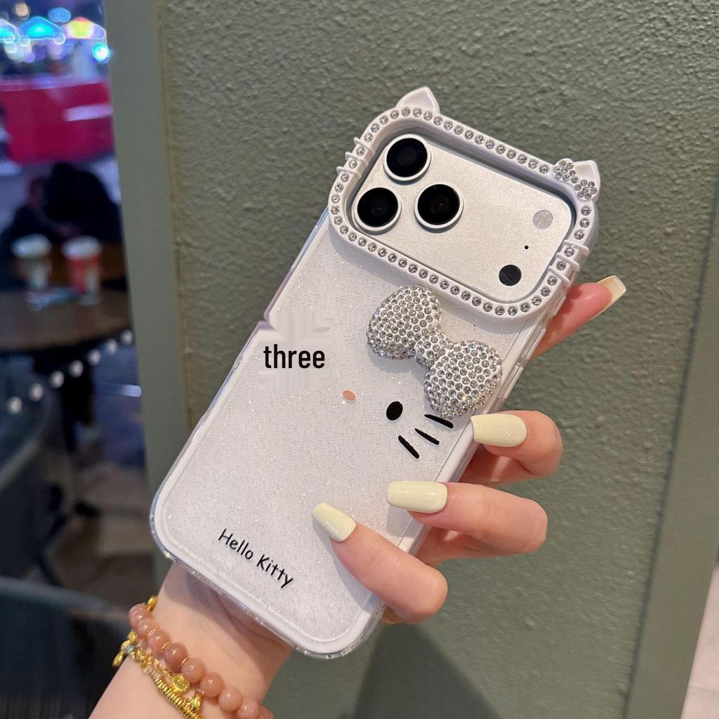 Glitter Cat Ear Phone Case for iPhone 11/15/16/17 Pro Max with Bow