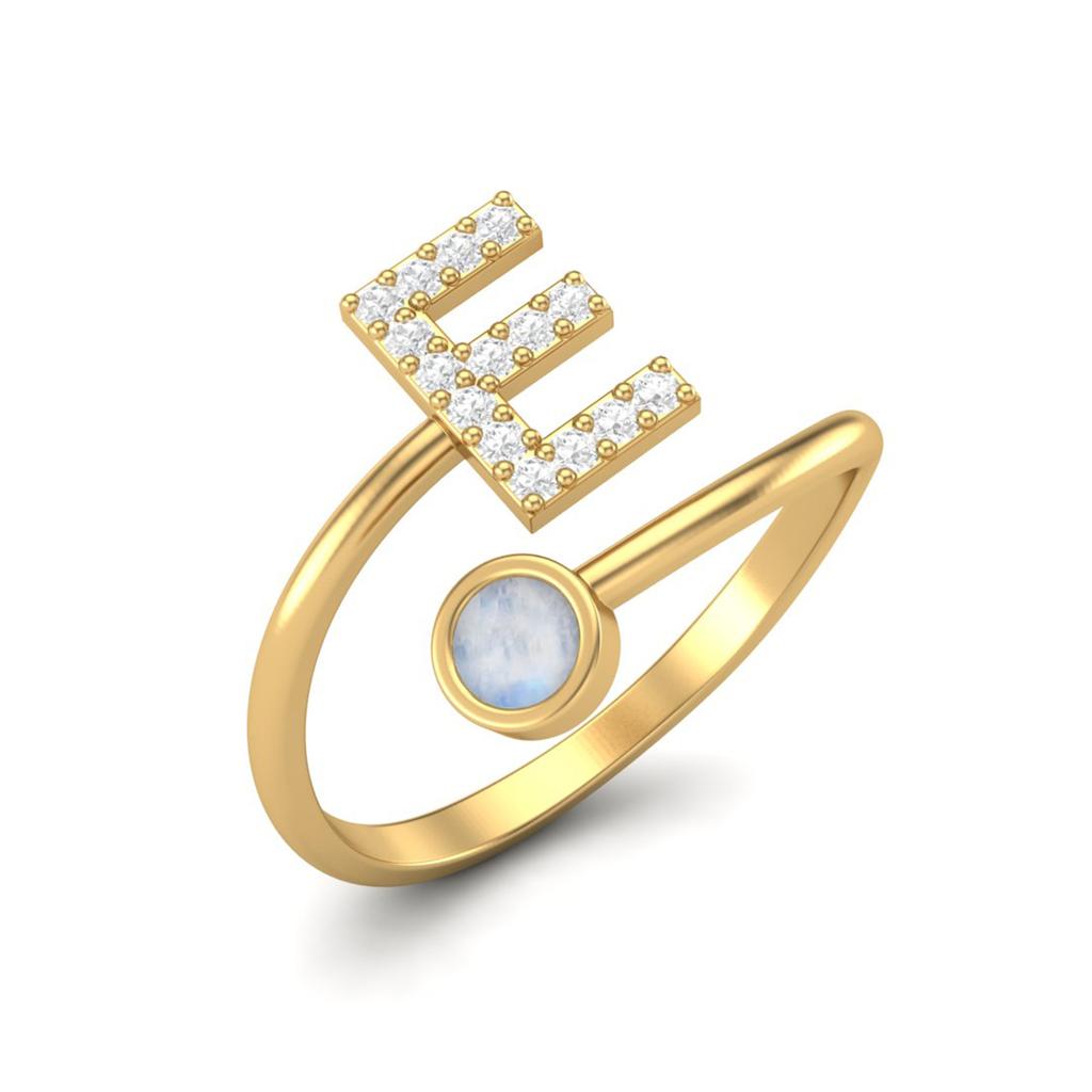 Capital E Initial Letter Moonstone Women Adjustable Front Open Ring 925 Sterling Silver Gold Vermeil