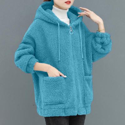 Women Autumn Winter Hooded Drawstring Coat Long Sleeve Pockets Zipper Placket Thick Plush Cardigan Outwear Streetwear