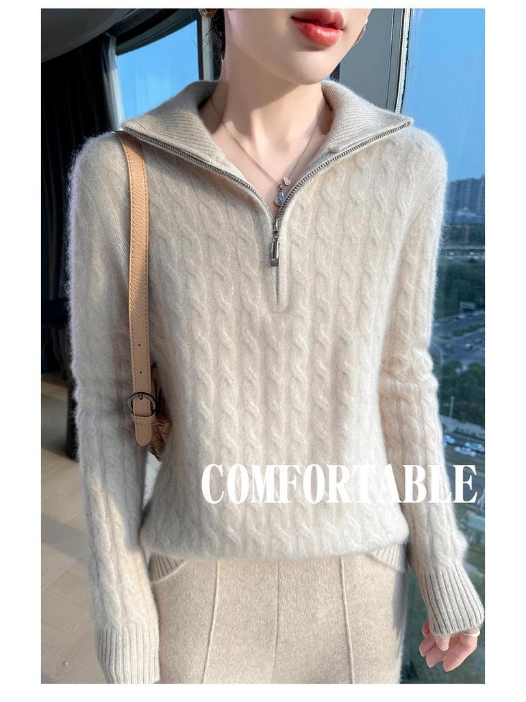 Women's 100% Wool Thickened Knitted Sweater with Large Lapel - Autumn/Winter Warm Twist Pullover, Versatile & Trendy