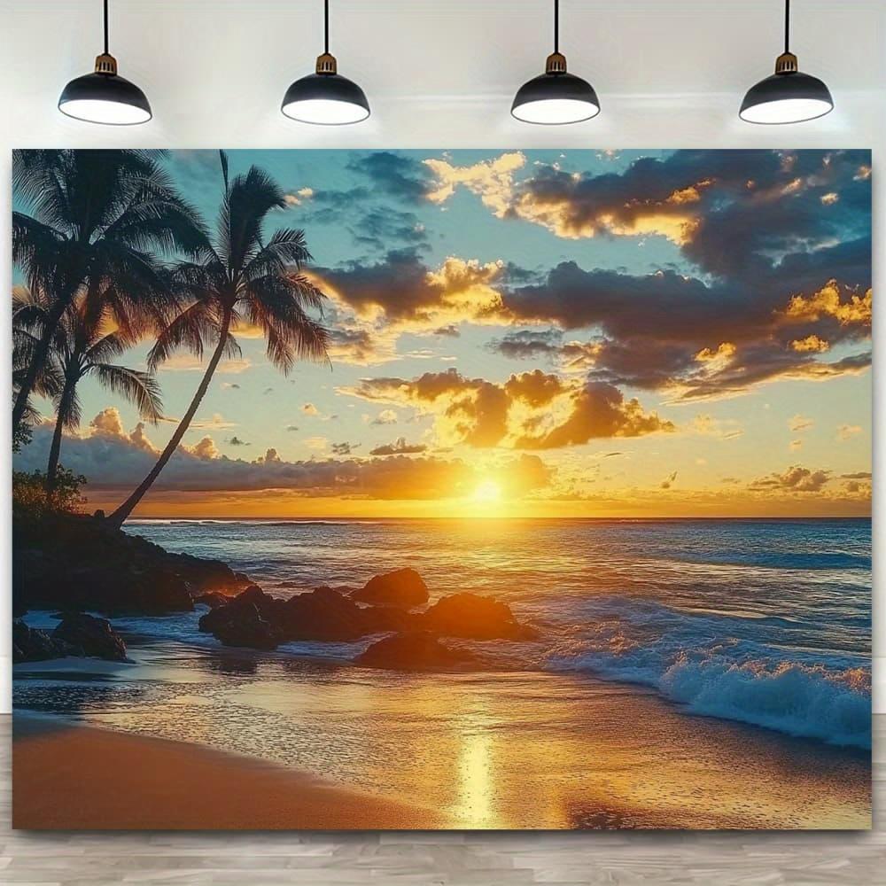 2D Flat Banner, Set of 1, Sunset Beach Scene Tapestry - Colorful Tropical Style Wall Decoration