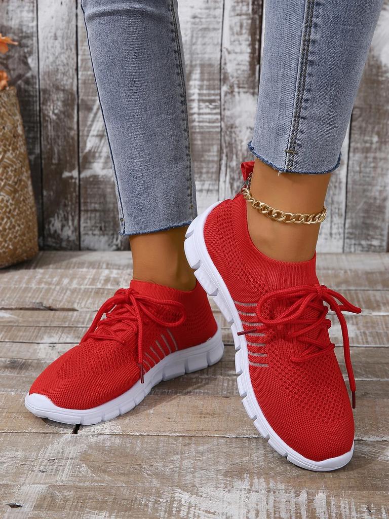 Fashion New Women Casual Flats Ladies Sport Shoes Woman Slip on Lace-Up Shoes All Color Chunky Sole Fashion Fly Knitting Mesh Shoes