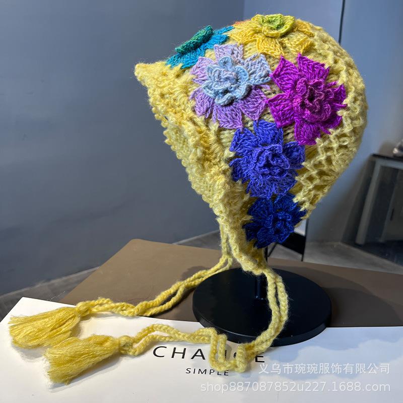 Hot-selling Handmade Crochet Wool Hat Abroad, Pure Cotton Three-dimensional Flower Hollow Women's Head Hat, Fashionable and Casual Pullover Hat