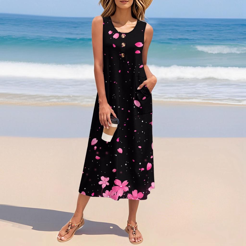 Women's Summer Vintage Floral Patchwork Print Dress Sleeveless Button Down Casual Loose Long Beach Sundress