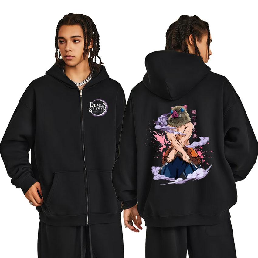 Hashibira Inosuke Print Hooded Casual Sweatshirt Autumn Winter Mens Harajuku Graphics Anime Zipper Hoodie