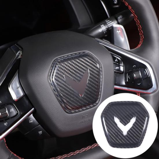 1x REAL Black Carbon Fiber Steering Wheel Center Cover For Corvette C8 -
