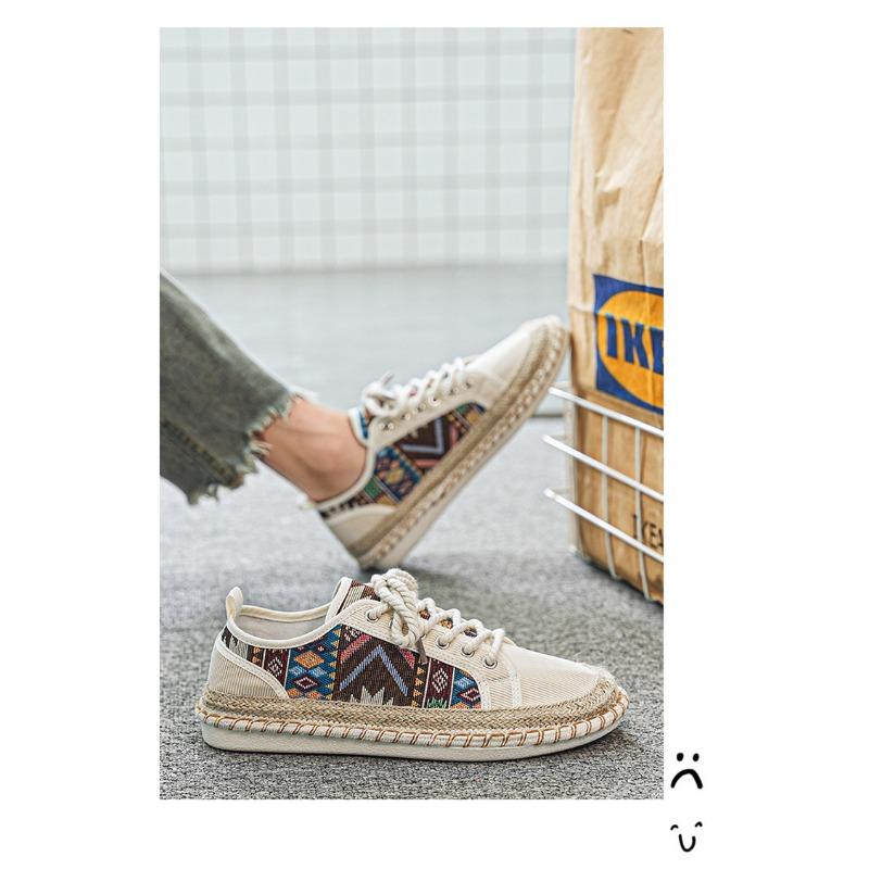 Men's Ethnic Print Espadrille Sneakers Lace-up Canvas Shoes with Woven Jute Sole for Casual Wear