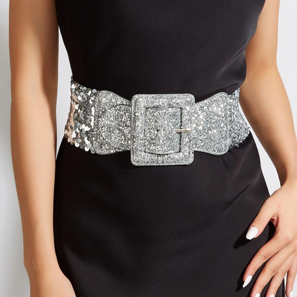 Waist Closure Blingbling Sequin Cummerbunds Metal Square Buckle Waist Corset Belts  Girl